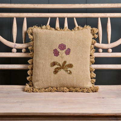 Embroidered Golden Auricula Rustic Linen Cushion with Tassels