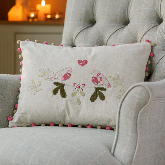 Embroidered Winter Lovebirds Cushion