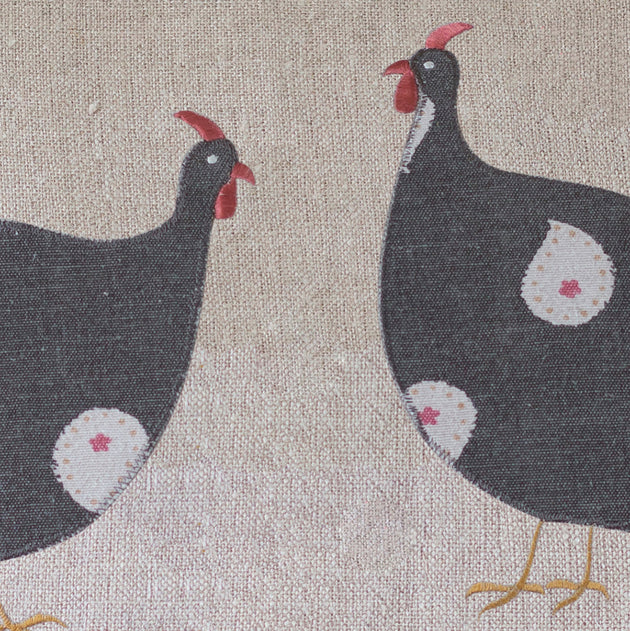 Applique Guinea Fowl Pair Rustic Linen Cushion