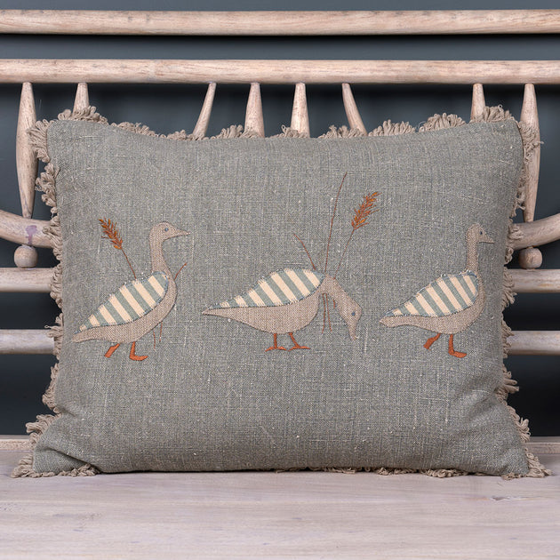 Embroidered Blue Geese Cushion