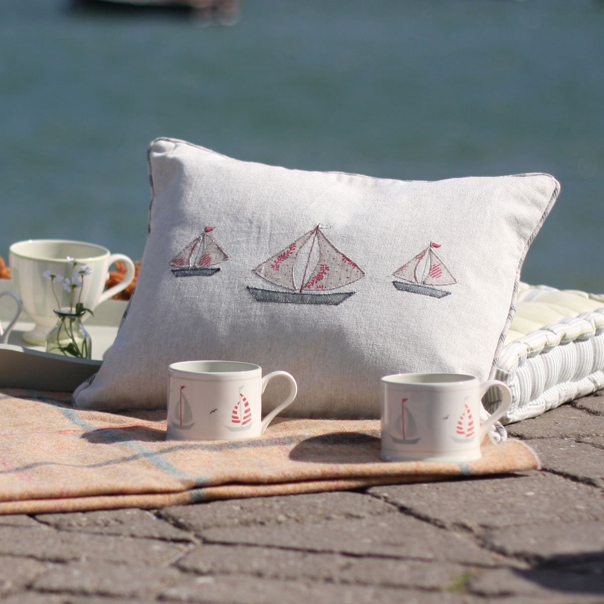 Embroidered Grey Red Boat Cushion | Susie Watson Designs