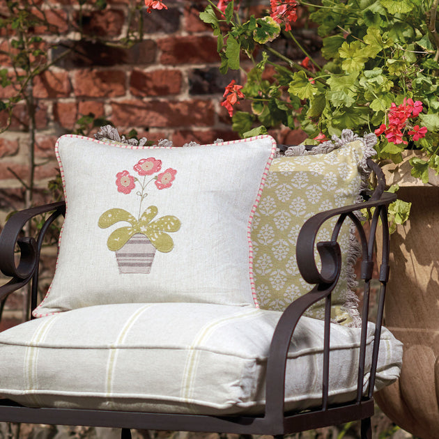 Embroidered Rose Auricula Cotton Cushion