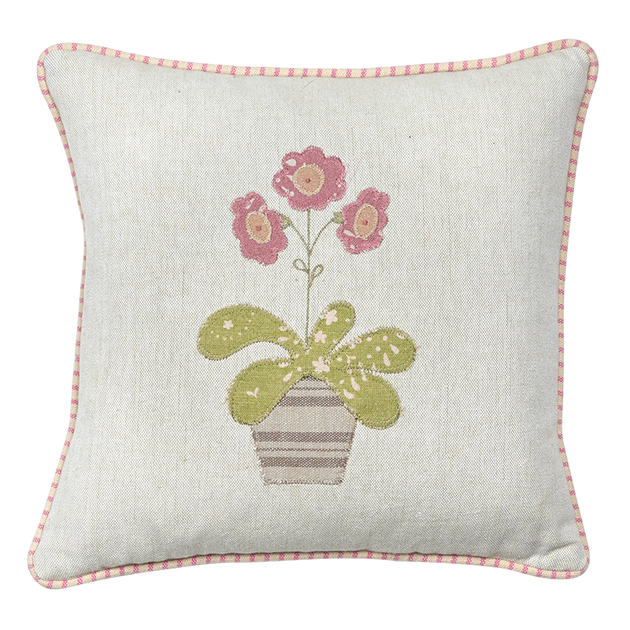 Embroidered Rose Auricula Cotton Cushion