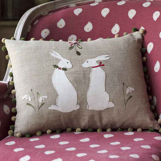 Embroidered Winter Hares Linen Cushion