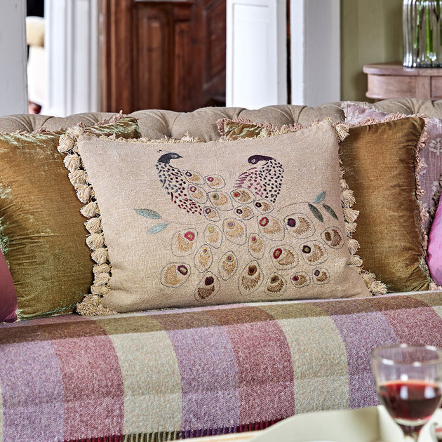 Embroidered Golden Peacocks Linen Cushion with Tassels