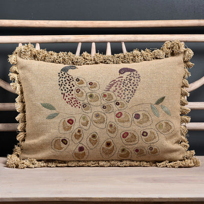 Seconds Embroidered Golden Peacocks Linen Cushion with Tassels