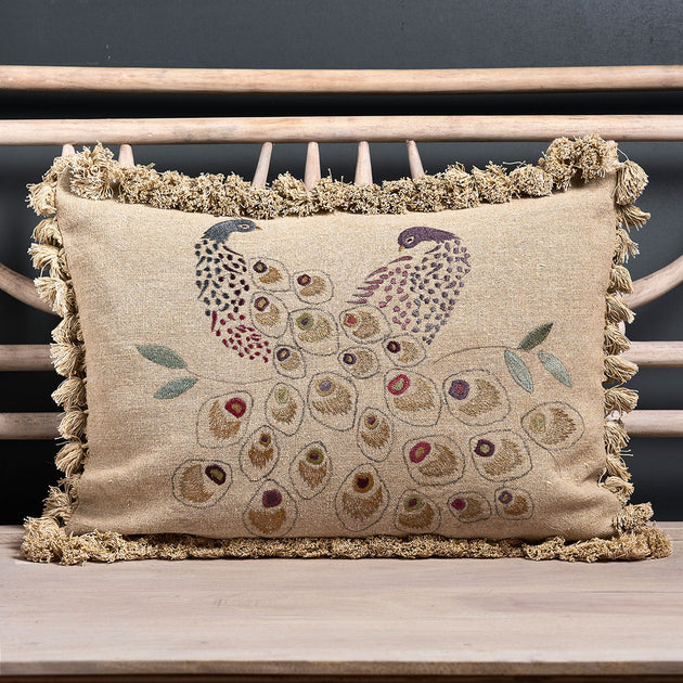 Embroidered Golden Peacocks Linen Cushion with Tassels