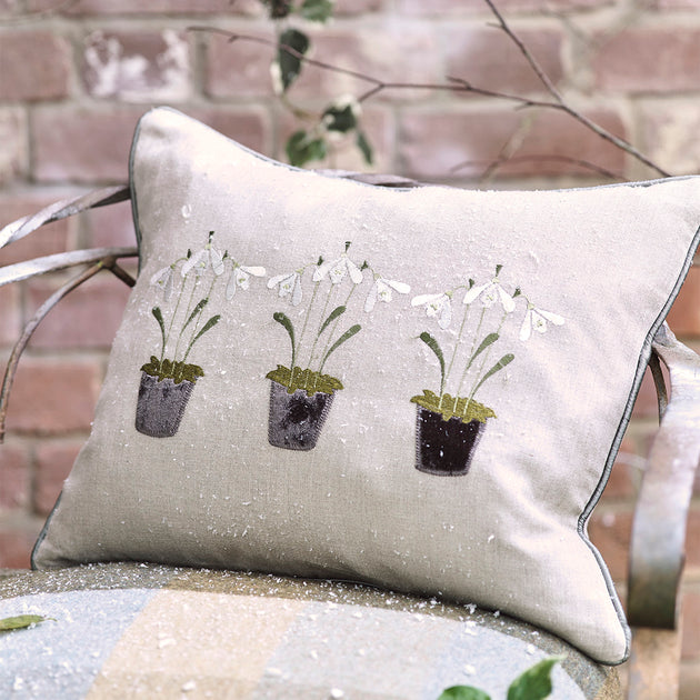 Embroidered Three Snowdrops Charcoal Linen Cushion