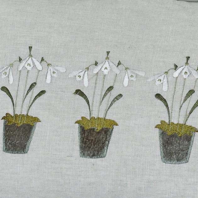 Embroidered Three Snowdrops Smokey Green Linen Cushion