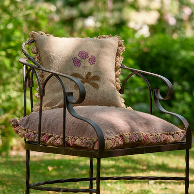 Embroidered Golden Auricula Rustic Linen Cushion with Tassels