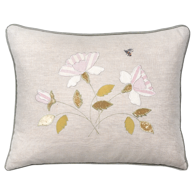 Embroidered White Rose Linen Cushion