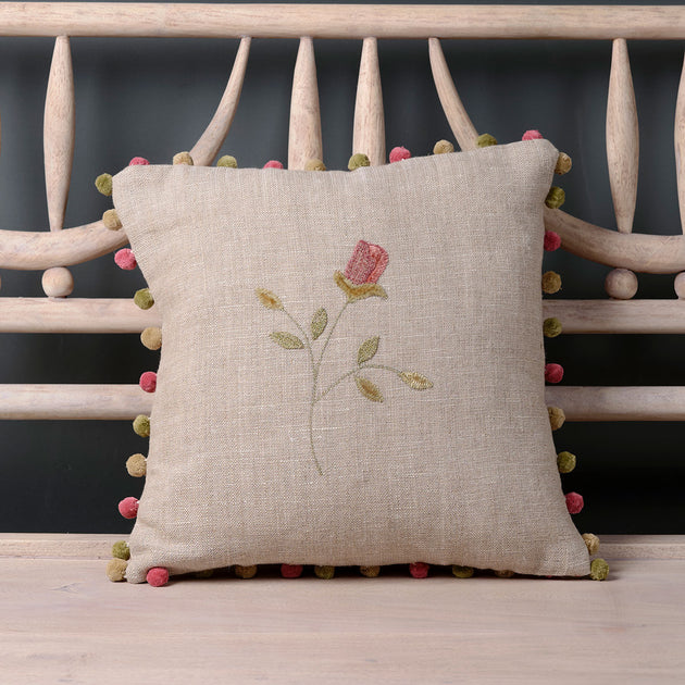 Embroidered Rosebud Rustic Linen Cushion