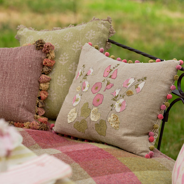 Hollyhocks Embroidered Linen Cushion in Bloomsbury & Silk