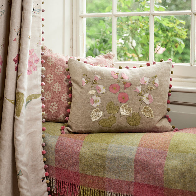 Hollyhocks Embroidered Linen Cushion in Bloomsbury & Silk