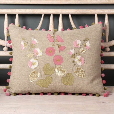 Hollyhocks Embroidered Linen Cushion in Bloomsbury &amp; Silk