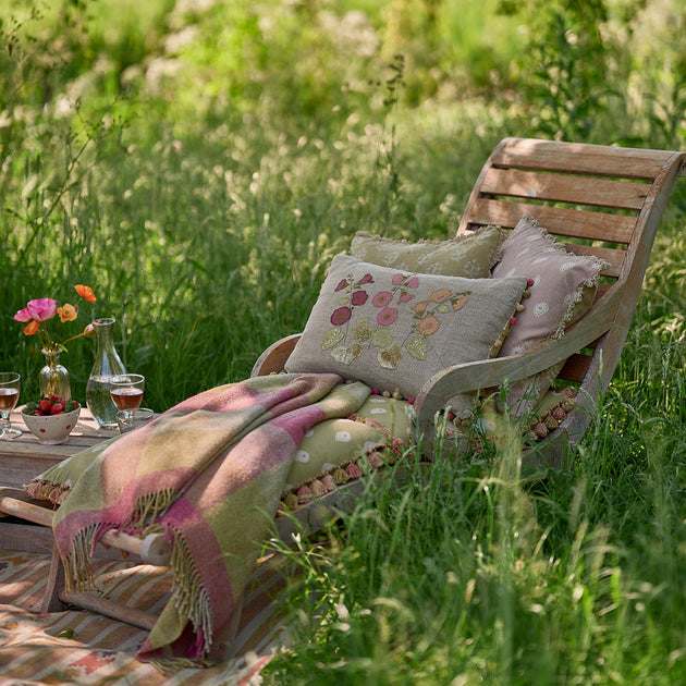 Hollyhocks Embroidered Linen Cushion