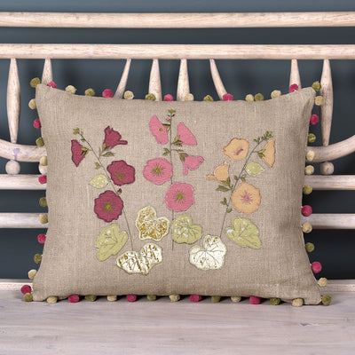 Hollyhocks Embroidered Linen Cushion