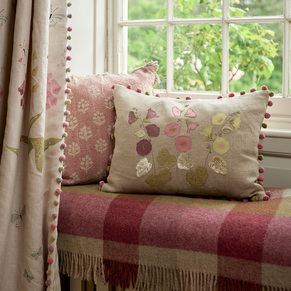 Hollyhocks Embroidered Linen Cushion in Velvet Silk Susie Watson Designs