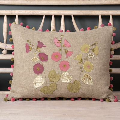 Hollyhocks Embroidered Linen Cushion in Velvet &amp; Silk