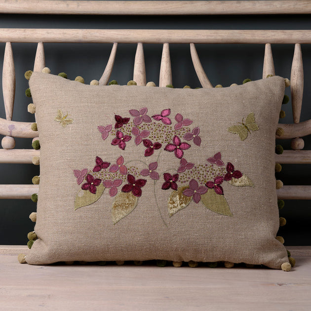 Embroidered Linen Autumn Hydrangea Cushion