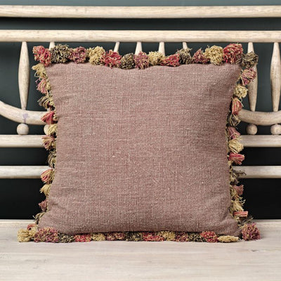 Large Dusky Mauve Rustic Linen Cushion with Tassels