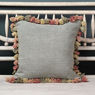 Smokey Blue Rustic Linen Cushion With Tassels