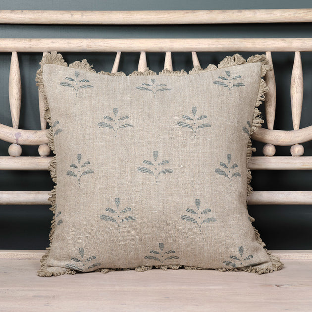 Blue Leaf Rustic Linen Cushion