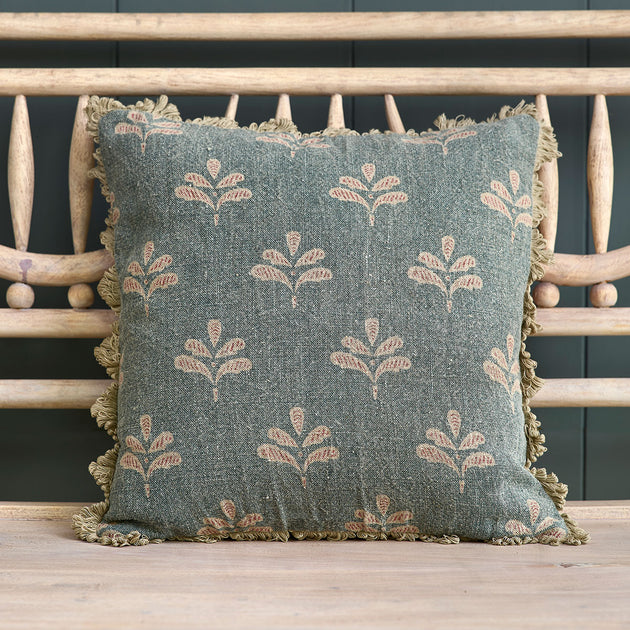 Summer Blue Reverse Leaf Rustic Linen Cushion