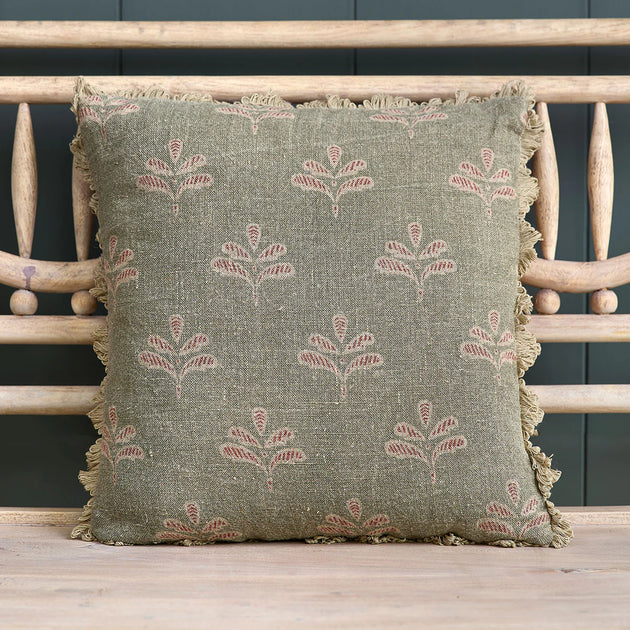 Smokey Blue Reverse Leaf Rustic Linen Cushion - Seconds
