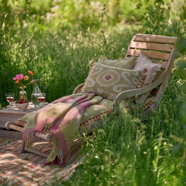 Summer Green Bukhara Rustic Linen Cushion with tassels