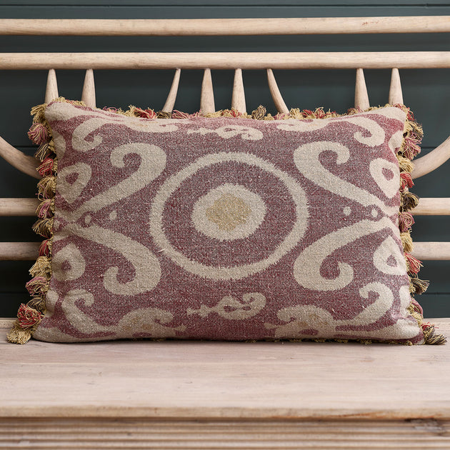 Burgundy Bukhara Rustic Linen Cushion with Tassels