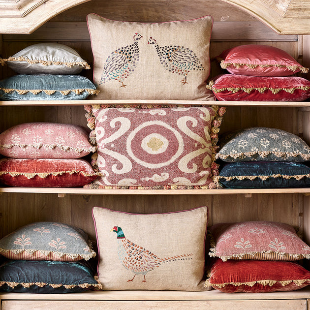 Burgundy Bukhara Rustic Linen Cushion with Tassels