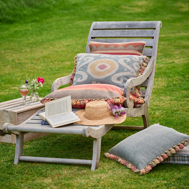 Summer Blue Bukhara Rustic Linen Cushion with Tassels