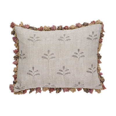 Charcoal Leaf Rustic Linen Cushion with Tassels