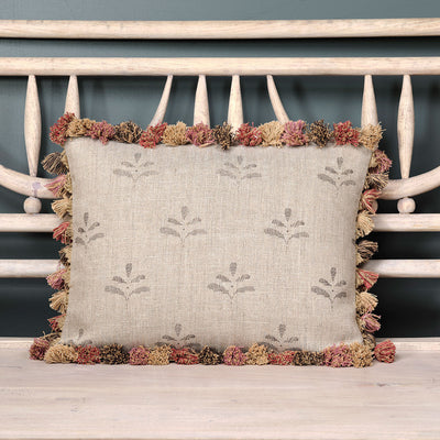 Charcoal Leaf Rustic Linen Cushion with Tassels