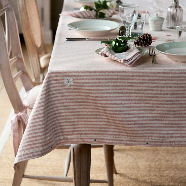 Red Stripe Robin & Rosehip Christmas Tablecloth – Large