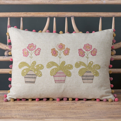 Embroidered Auriculas Cotton Cushion