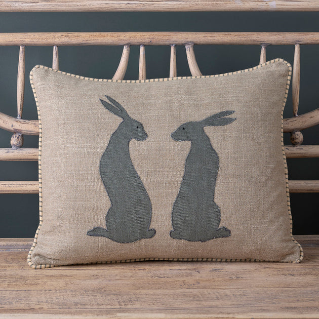 Applique Pair of Hares Linen Cushion