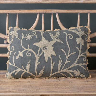 Charcoal Crewelwork Linen Cushion