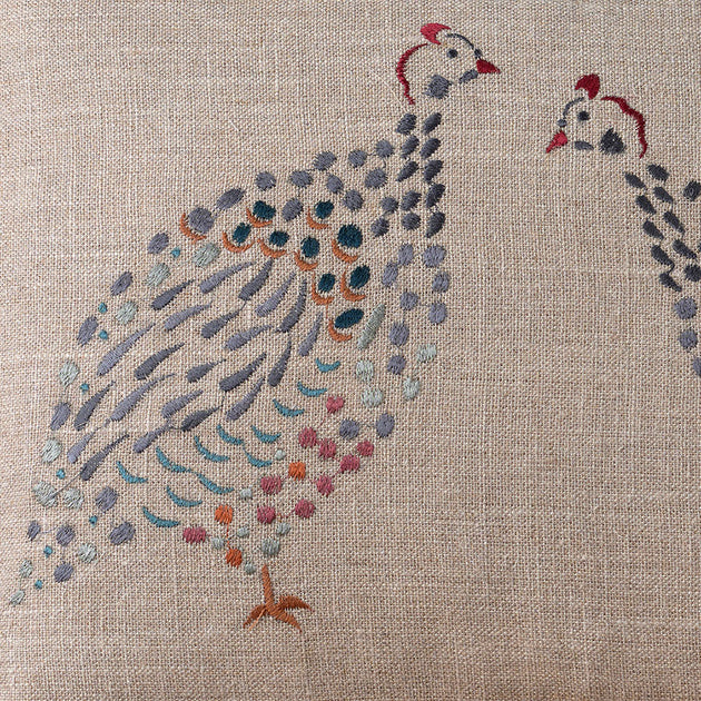 Guinea Fowl Pair Embroidered Linen Cushion