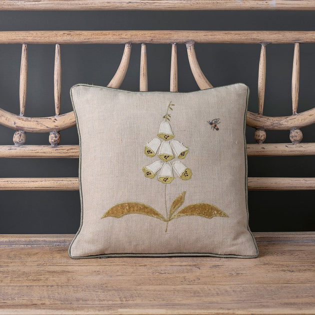 White Foxglove Embroidered  Linen Cushion