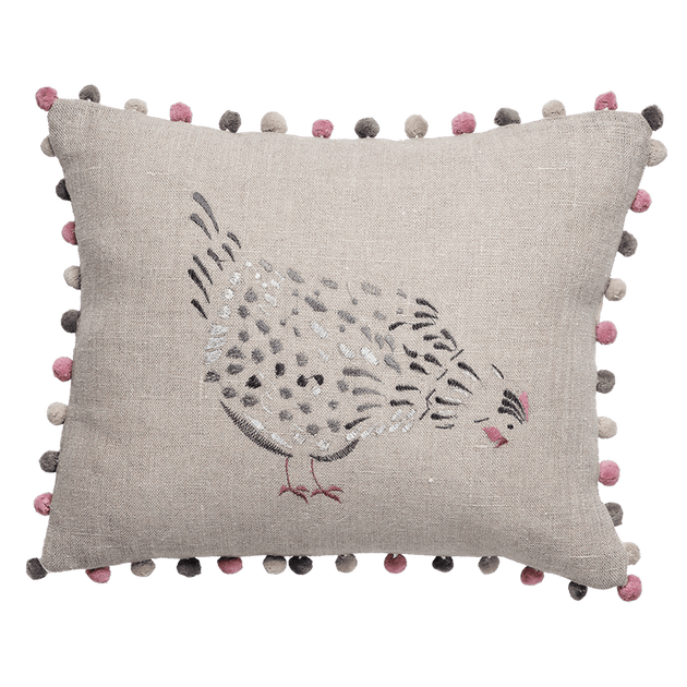 Embroidered Black Hen Linen Cushion