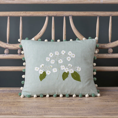 Embroidered Duck Egg Lacecap Hydrangea Cushion