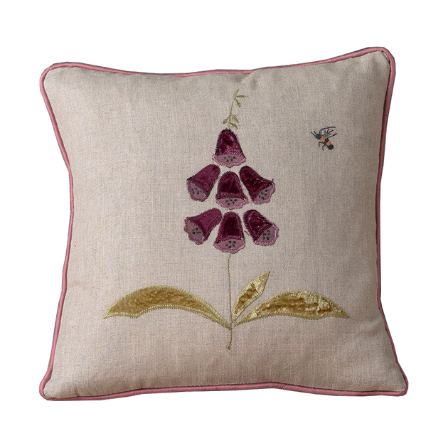 Embroidered Magenta Foxglove Linen Cushion