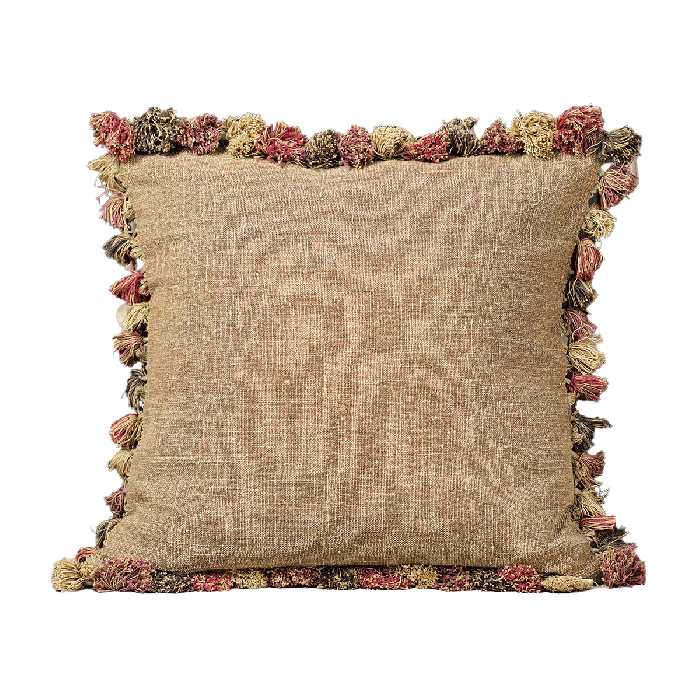 Large Saffron Rustic Linen Cushion with Tassels