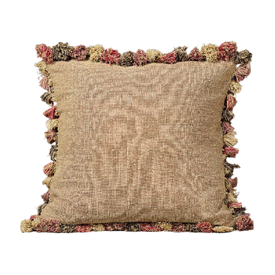 Large Saffron Rustic Linen Cushion with Tassels