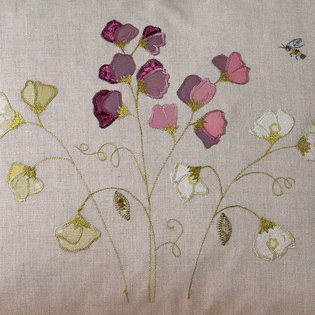 Embroidered Sweet Peas Linen Cushion