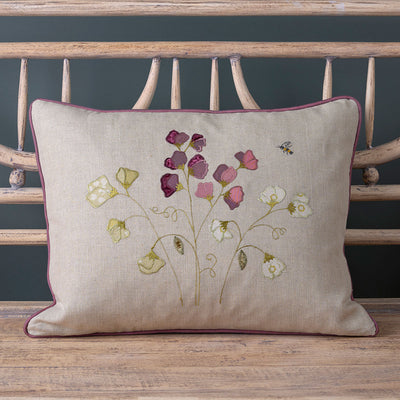 Embroidered Sweet Peas Linen Cushion