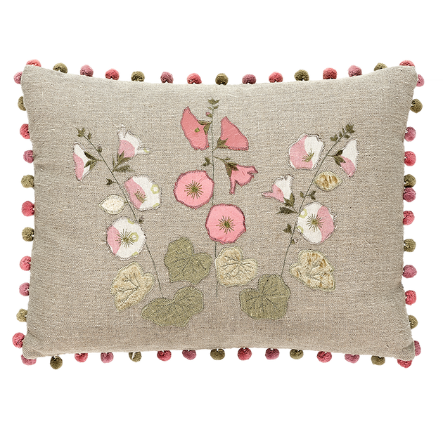 Hollyhocks Embroidered Linen Cushion in Bloomsbury & Silk