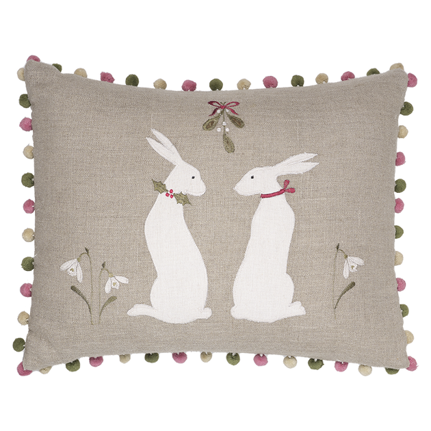 Embroidered Winter Hares Linen Cushion